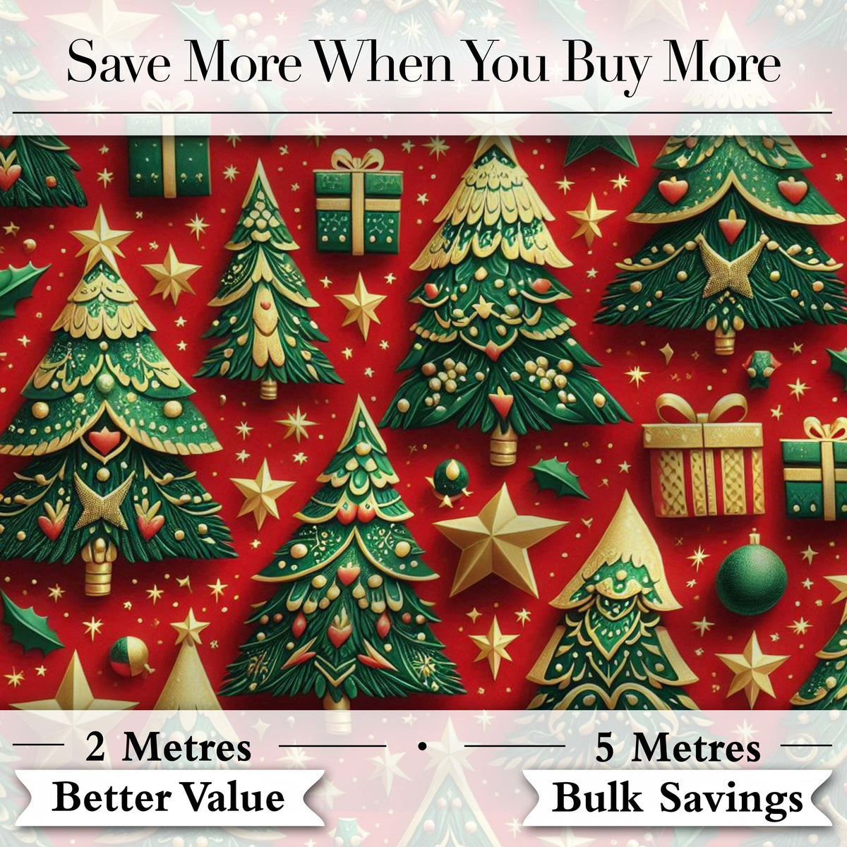 Luxury Christmas Trees with Gold Stars Gifts and Ornaments on Red  Digital Print Fabric by the Metre UK Sewing Quilting Textile