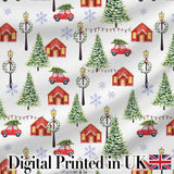 Watercolor Christmas Village with Red Houses Cars and Snowy Trees  Digital Print Fabric by the Metre UK Sewing Quilting Textile