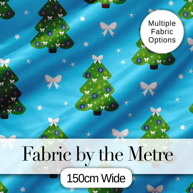 Festive Christmas Trees with White Bows and Stars on Blue Background  Digital Print Fabric by the Metre UK Sewing Quilting Textile