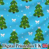 Festive Christmas Trees with White Bows and Stars on Blue Background  Digital Print Fabric by the Metre UK Sewing Quilting Textile