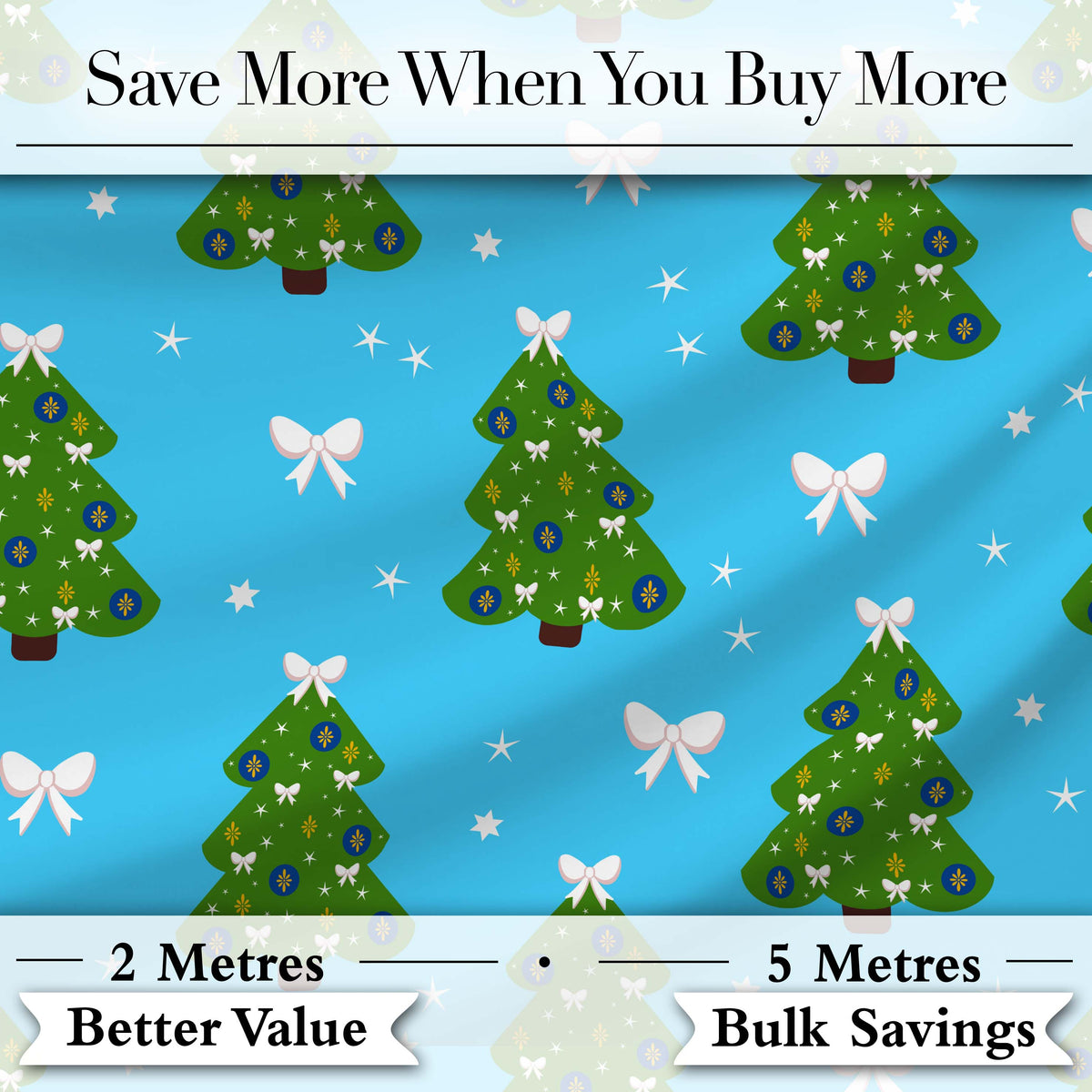 Festive Christmas Trees with White Bows and Stars on Blue Background  Digital Print Fabric by the Metre UK Sewing Quilting Textile