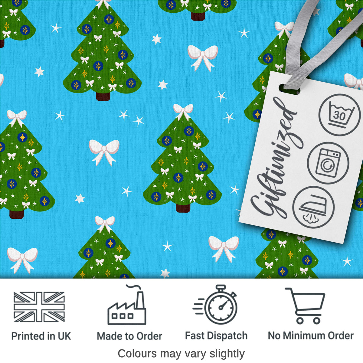 Festive Christmas Trees with White Bows and Stars on Blue Background  Digital Print Fabric by the Metre UK Sewing Quilting Textile