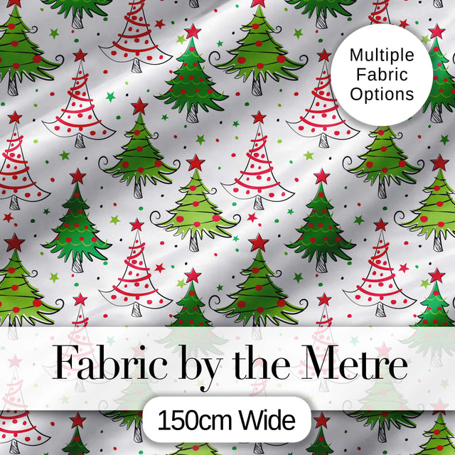 Whimsical Christmas Trees with Red Green Patterns and Stars Seamless Pattern Digital Print Fabric by the Metre UK Sewing Quilting Textile