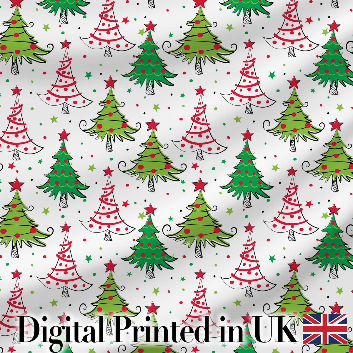Whimsical Christmas Trees with Red Green Patterns and Stars Seamless Pattern Digital Print Fabric by the Metre UK Sewing Quilting Textile