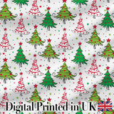 Whimsical Christmas Trees with Red Green Patterns and Stars Seamless Pattern Digital Print Fabric by the Metre UK Sewing Quilting Textile