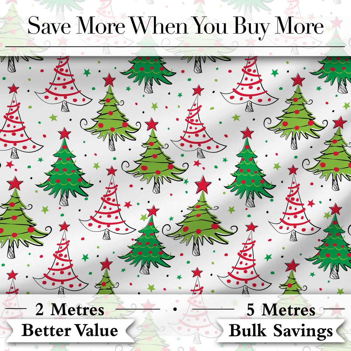 Whimsical Christmas Trees with Red Green Patterns and Stars Seamless Pattern Digital Print Fabric by the Metre UK Sewing Quilting Textile