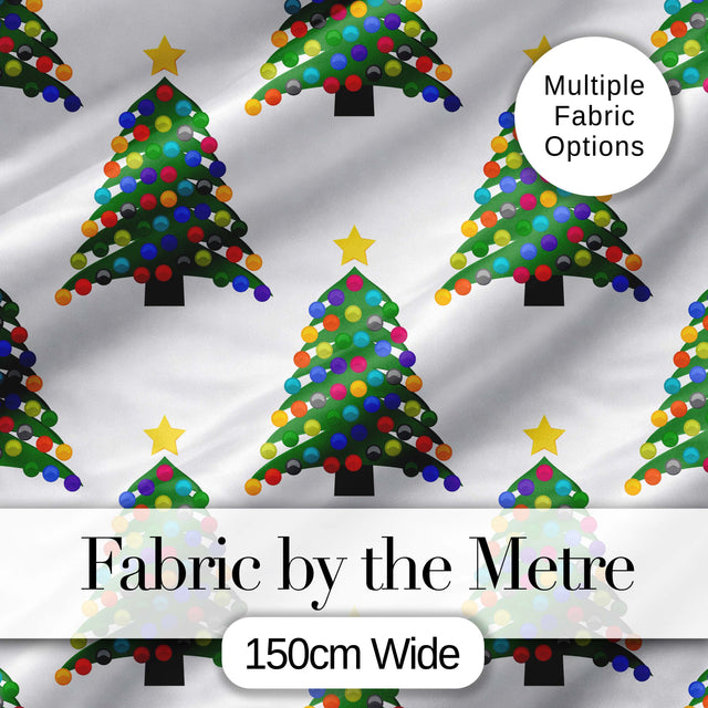 Bright Christmas Trees with Multicolor Ornaments and Stars Seamless Pattern Digital Print Fabric by the Metre UK Sewing Quilting Textile