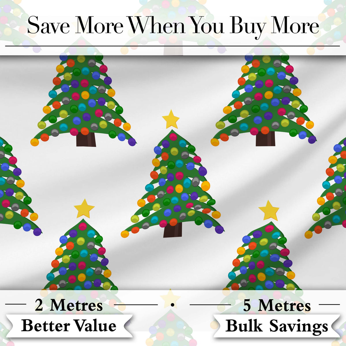 Bright Christmas Trees with Multicolor Ornaments and Stars Seamless Pattern Digital Print Fabric by the Metre UK Sewing Quilting Textile