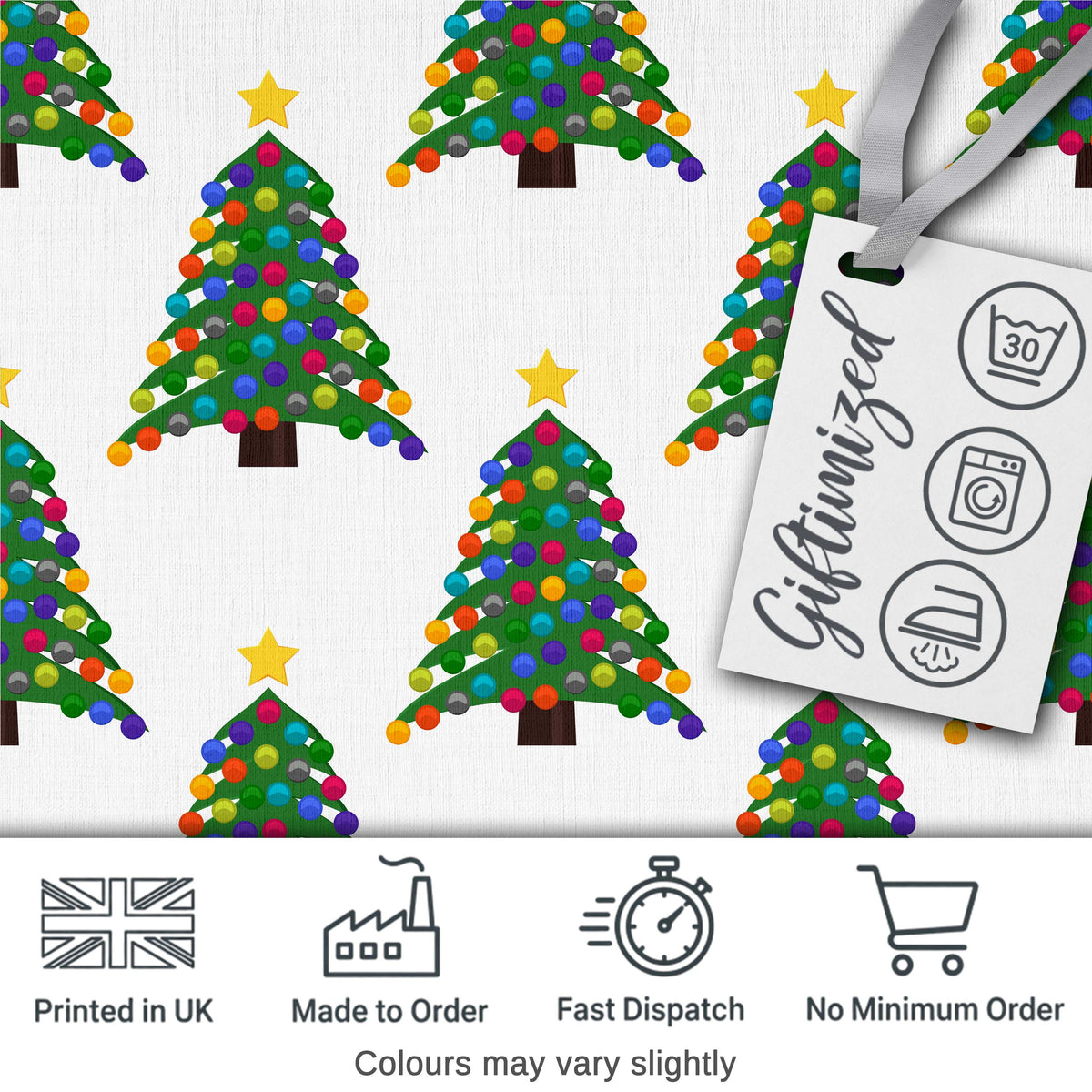 Bright Christmas Trees with Multicolor Ornaments and Stars Seamless Pattern Digital Print Fabric by the Metre UK Sewing Quilting Textile