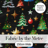 Christmas Trees with Ornaments Stars and Baubles on Black Seamless Pattern Digital Print Fabric by the Metre UK Sewing Quilting Textile