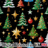 Christmas Trees with Ornaments Stars and Baubles on Black Seamless Pattern Digital Print Fabric by the Metre UK Sewing Quilting Textile