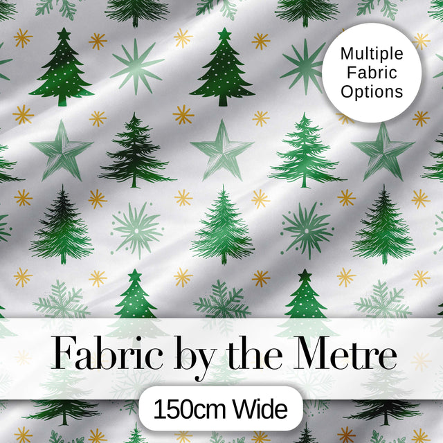 Minimal Green Christmas Trees with Snowflakes and Stars Seamless Pattern Digital Print Fabric by the Metre UK Sewing Quilting Textile