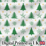 Minimal Green Christmas Trees with Snowflakes and Stars Seamless Pattern Digital Print Fabric by the Metre UK Sewing Quilting Textile