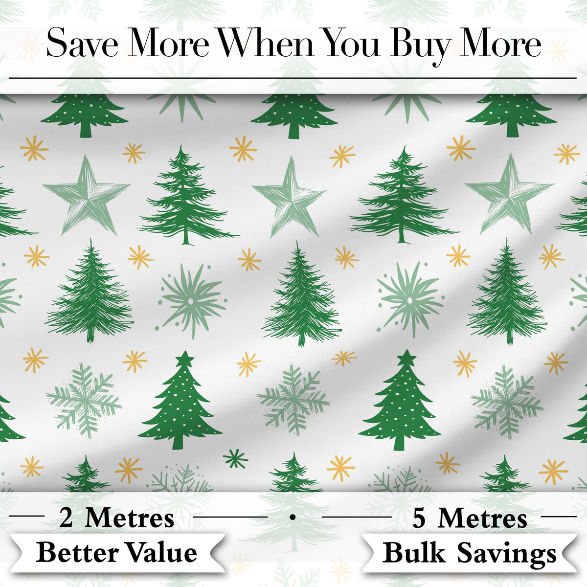 Minimal Green Christmas Trees with Snowflakes and Stars Seamless Pattern Digital Print Fabric by the Metre UK Sewing Quilting Textile