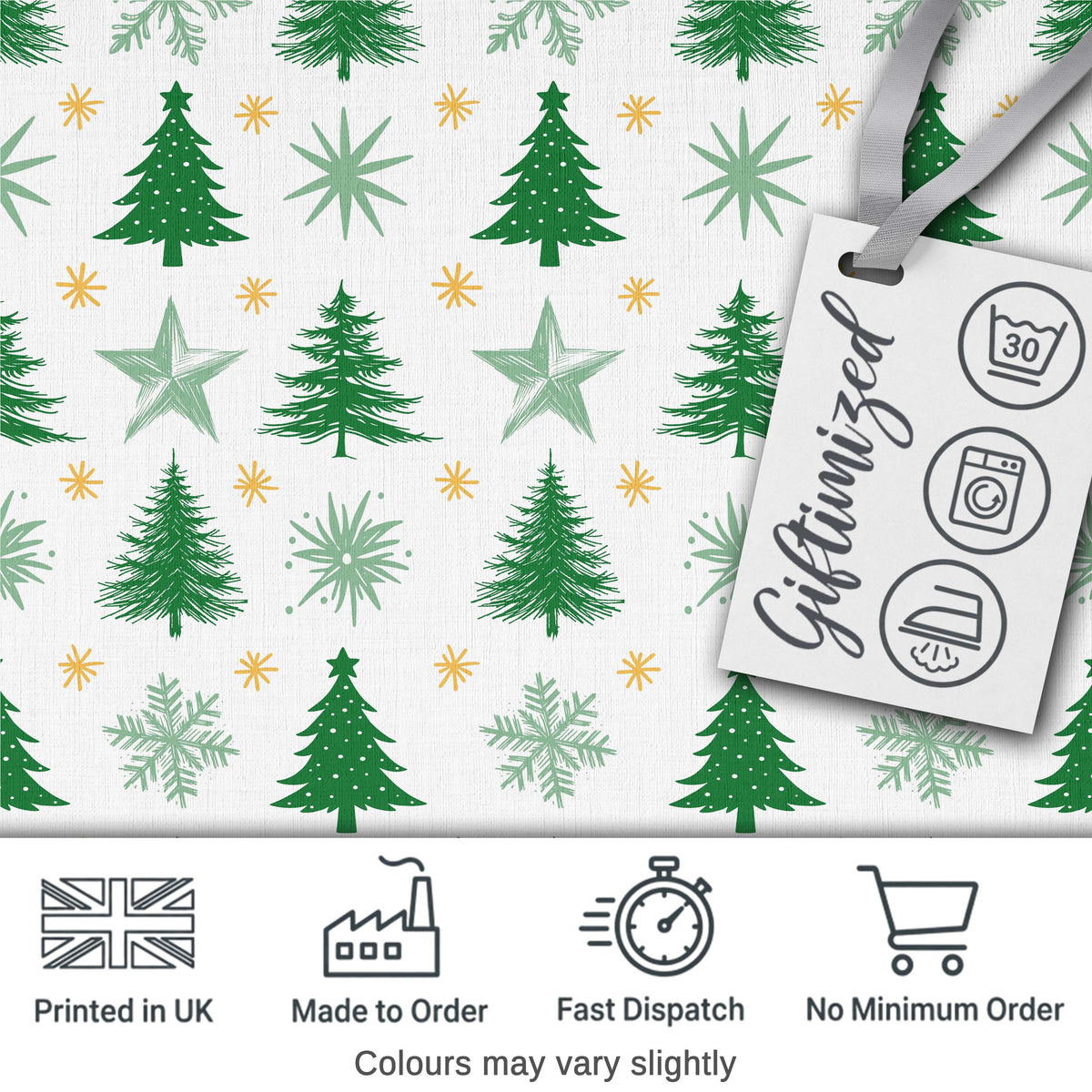 Minimal Green Christmas Trees with Snowflakes and Stars Seamless Pattern Digital Print Fabric by the Metre UK Sewing Quilting Textile