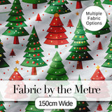 Cute Christmas Trees in Red and Green with Falling Snow Seamless Pattern Digital Print Fabric by the Metre UK Sewing Quilting Textile