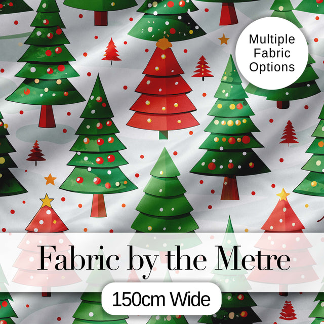 Cute Christmas Trees in Red and Green with Falling Snow Seamless Pattern Digital Print Fabric by the Metre UK Sewing Quilting Textile