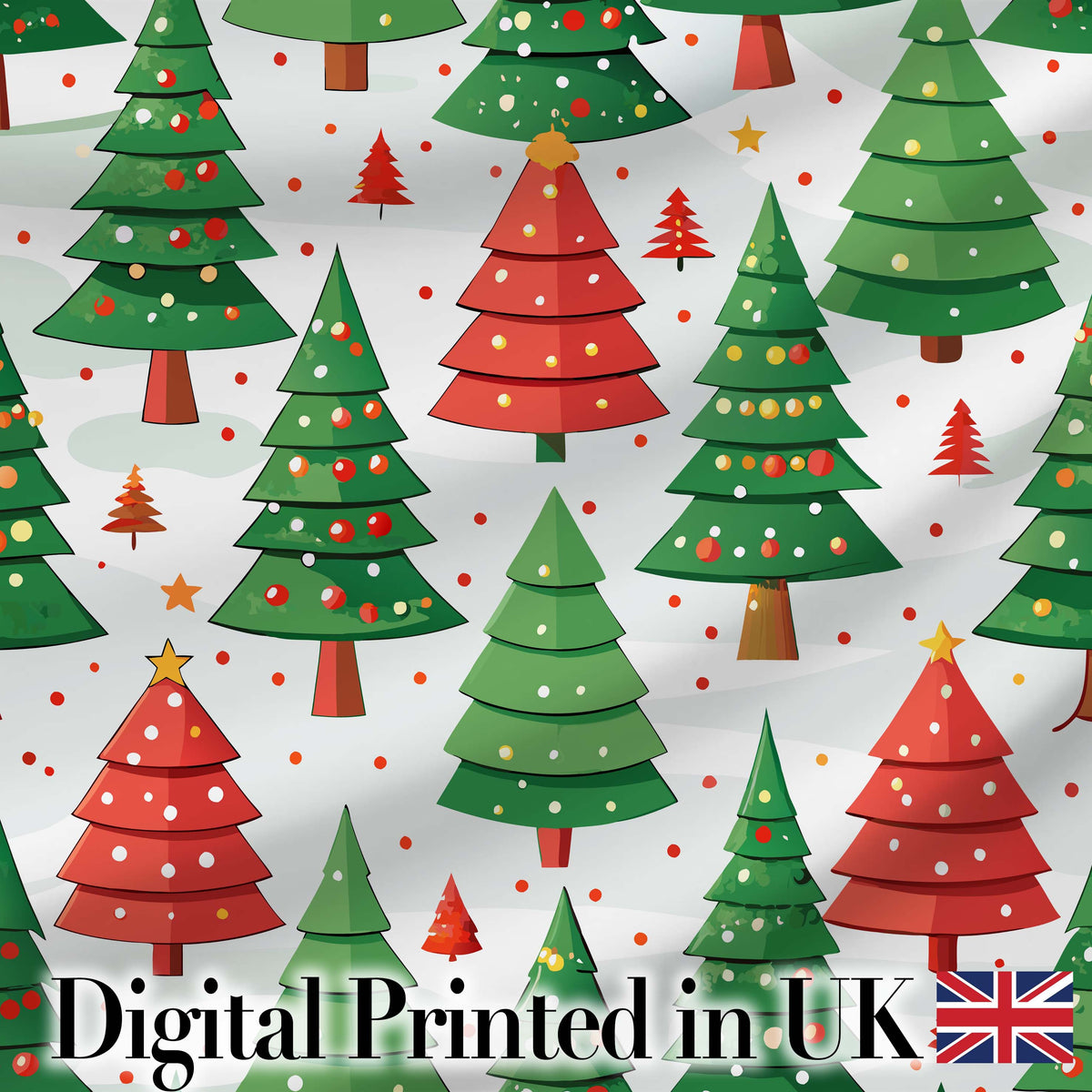 Cute Christmas Trees in Red and Green with Falling Snow Seamless Pattern Digital Print Fabric by the Metre UK Sewing Quilting Textile