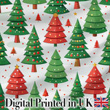 Cute Christmas Trees in Red and Green with Falling Snow Seamless Pattern Digital Print Fabric by the Metre UK Sewing Quilting Textile