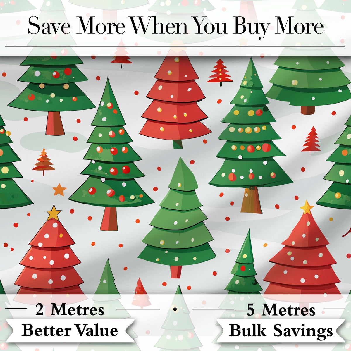 Cute Christmas Trees in Red and Green with Falling Snow Seamless Pattern Digital Print Fabric by the Metre UK Sewing Quilting Textile