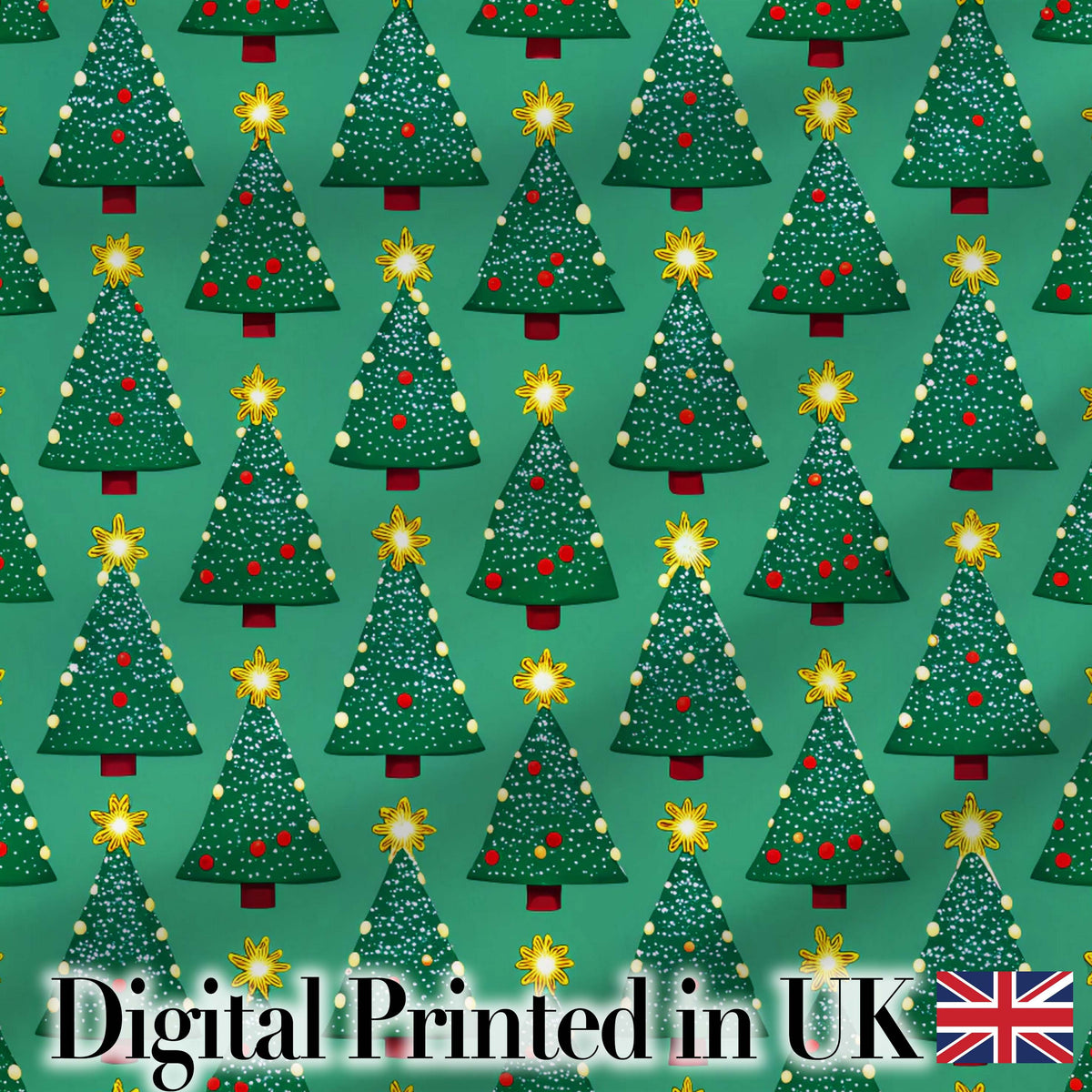 Festive Christmas Trees with Golden Star Toppers and Snow Dots Seamless Pattern Digital Print Fabric by the Metre UK Sewing Quilting Textile