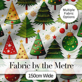 Whimsical Christmas Trees with Baubles Ornaments and Snowflakes  Digital Print Fabric by the Metre UK Sewing Quilting Textile