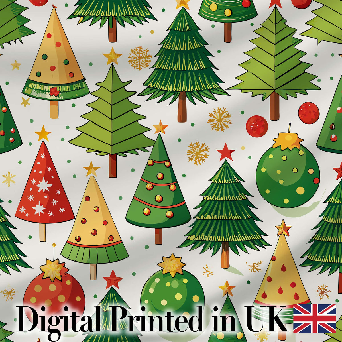Whimsical Christmas Trees with Baubles Ornaments and Snowflakes  Digital Print Fabric by the Metre UK Sewing Quilting Textile