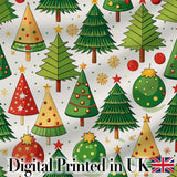 Whimsical Christmas Trees with Baubles Ornaments and Snowflakes  Digital Print Fabric by the Metre UK Sewing Quilting Textile