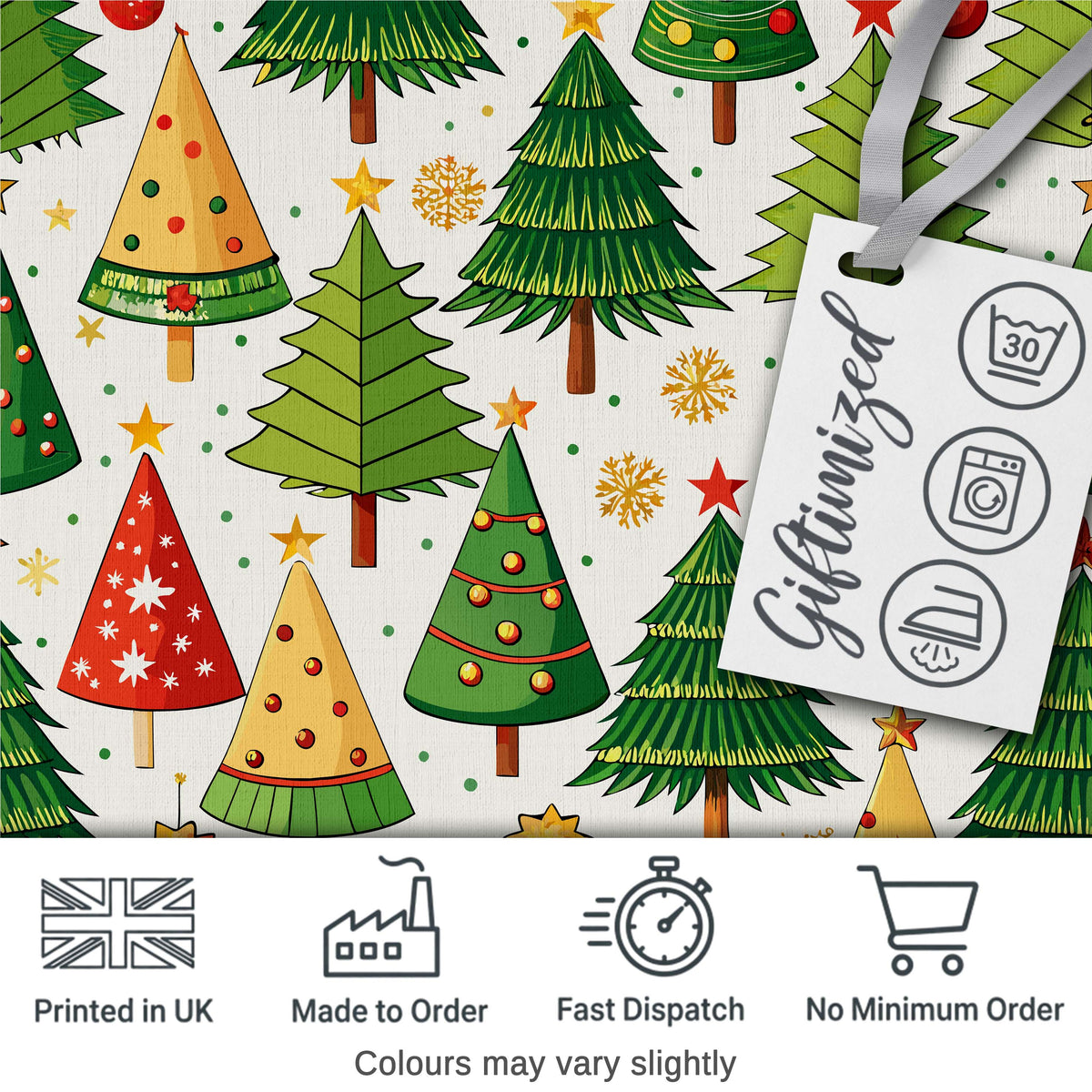 Whimsical Christmas Trees with Baubles Ornaments and Snowflakes  Digital Print Fabric by the Metre UK Sewing Quilting Textile