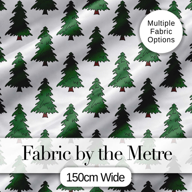 Minimal Hand Drawn Christmas Trees on White Background Seamless Pattern Digital Print Fabric by the Metre UK Sewing Quilting Textile