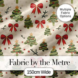Watercolor Christmas Trees with Red Bows and Winter Elements Seamless Pattern Digital Print Fabric by the Metre UK Sewing Quilting Textile
