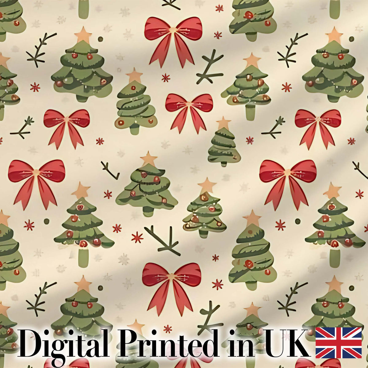 Watercolor Christmas Trees with Red Bows and Winter Elements Seamless Pattern Digital Print Fabric by the Metre UK Sewing Quilting Textile
