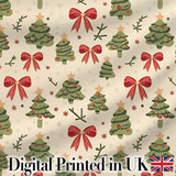 Watercolor Christmas Trees with Red Bows and Winter Elements Seamless Pattern Digital Print Fabric by the Metre UK Sewing Quilting Textile