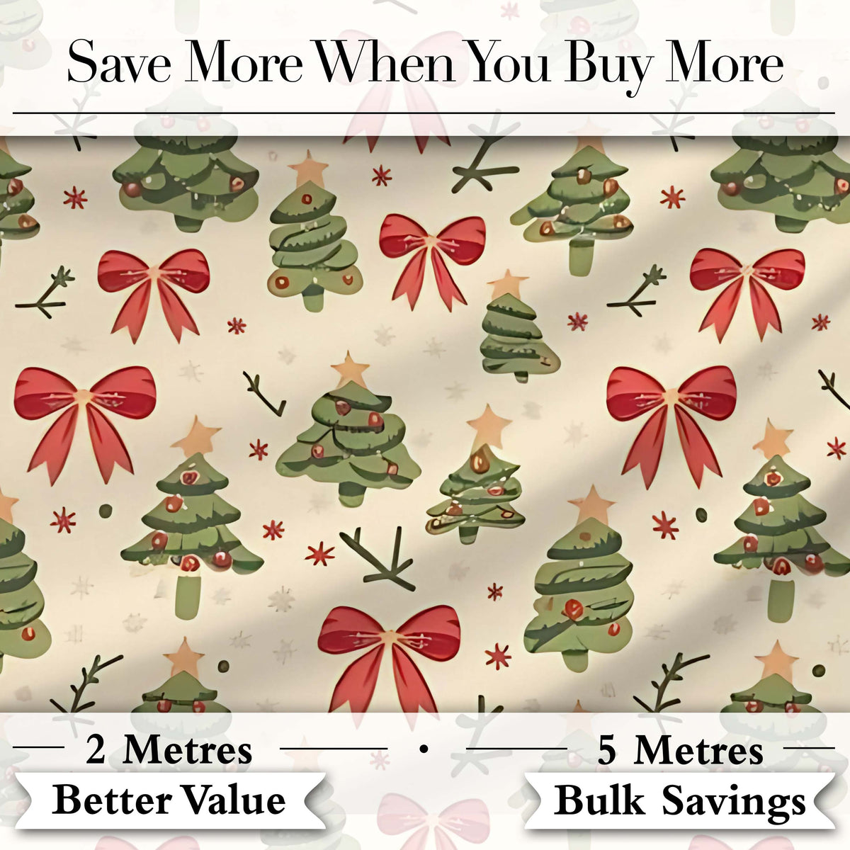 Watercolor Christmas Trees with Red Bows and Winter Elements Seamless Pattern Digital Print Fabric by the Metre UK Sewing Quilting Textile