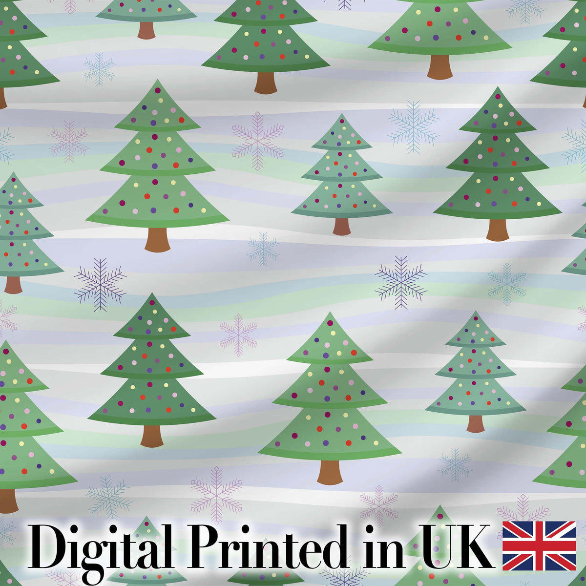 Pastel Christmas Trees with Snowflakes and Soft Stripes Seamless Pattern Digital Print Fabric by the Metre UK Sewing Quilting Textile