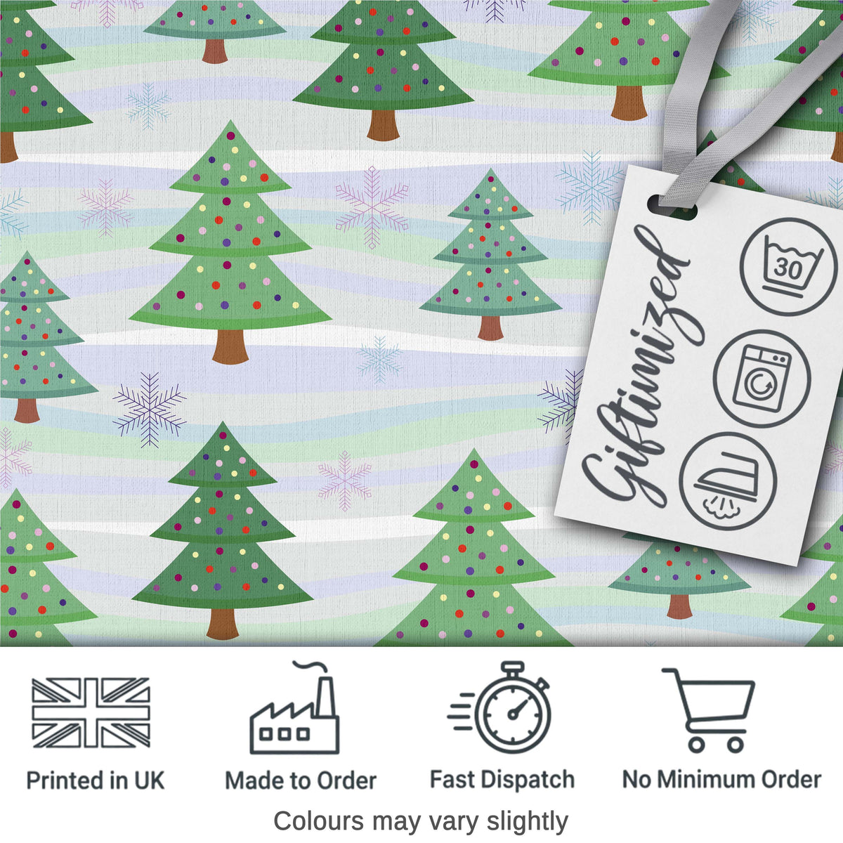 Pastel Christmas Trees with Snowflakes and Soft Stripes Seamless Pattern Digital Print Fabric by the Metre UK Sewing Quilting Textile