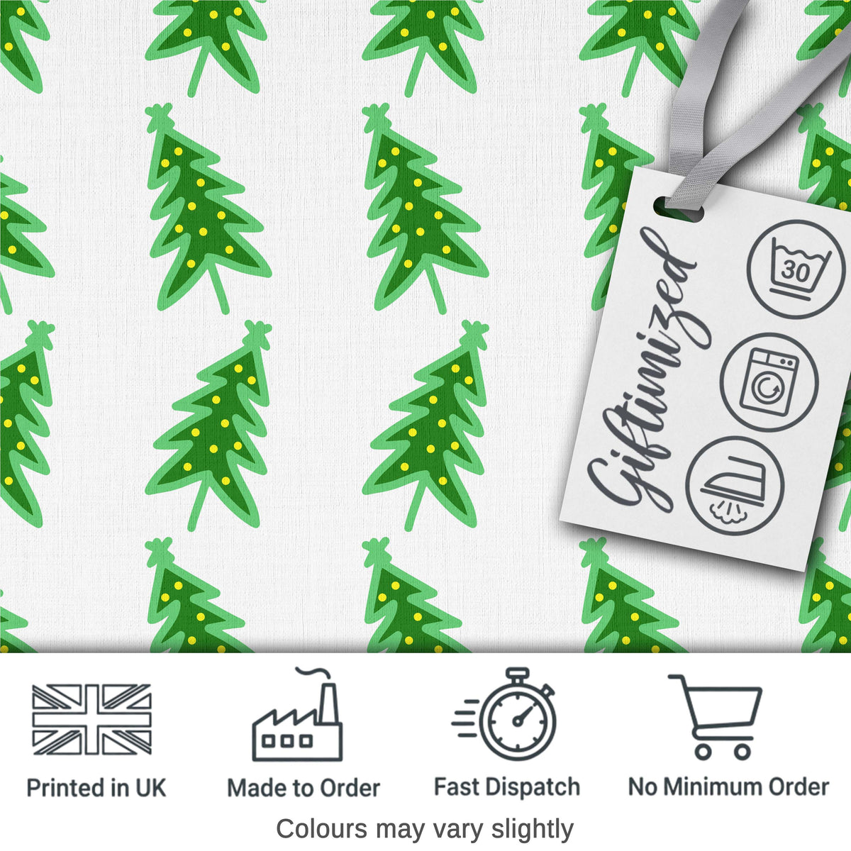 Simple Green Christmas Trees with Yellow Lights Minimal Seamless Pattern Digital Print Fabric by the Metre UK Sewing Quilting Textile