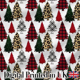 Trendy Christmas Trees in Plaid and Leopard Print Seamless Pattern Digital Print Fabric by the Metre UK Sewing Quilting Textile