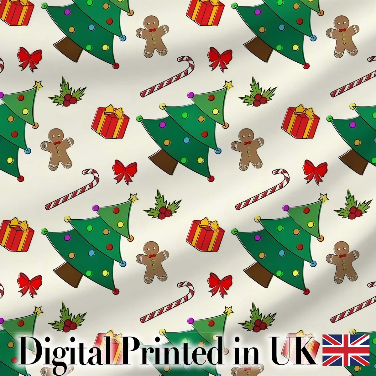 Cute Christmas Trees with Gifts Candy Canes and Gingerbread Seamless Pattern Digital Print Fabric by the Metre UK Sewing Quilting Textile