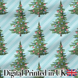Decorated Christmas Trees with Colorful Baubles on Blue Striped Background  Digital Print Fabric by the Metre UK Sewing Quilting Textile