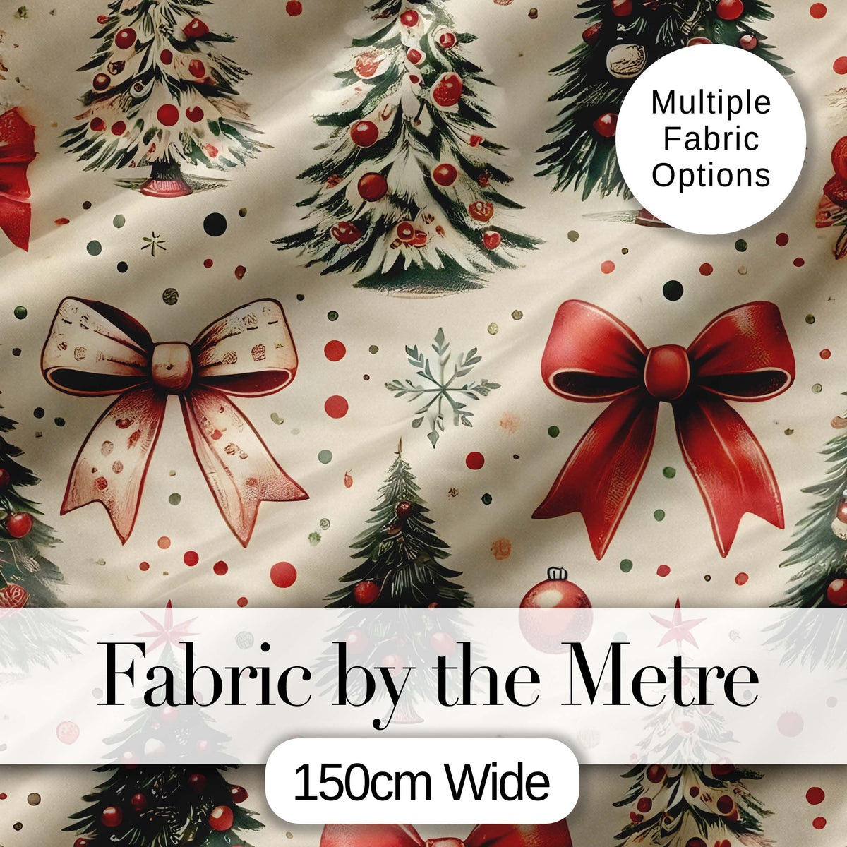 Vintage Christmas Trees with Red Bows Ornaments and Snowflakes Seamless Pattern Digital Print Fabric by the Metre UK Sewing Quilting Textile