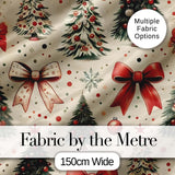 Vintage Christmas Trees with Red Bows Ornaments and Snowflakes Seamless Pattern Digital Print Fabric by the Metre UK Sewing Quilting Textile