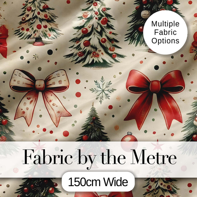 Vintage Christmas Trees with Red Bows Ornaments and Snowflakes Seamless Pattern Digital Print Fabric by the Metre UK Sewing Quilting Textile