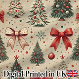 Vintage Christmas Trees with Red Bows Ornaments and Snowflakes Seamless Pattern Digital Print Fabric by the Metre UK Sewing Quilting Textile