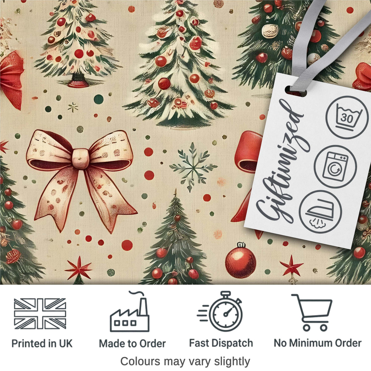 Vintage Christmas Trees with Red Bows Ornaments and Snowflakes Seamless Pattern Digital Print Fabric by the Metre UK Sewing Quilting Textile