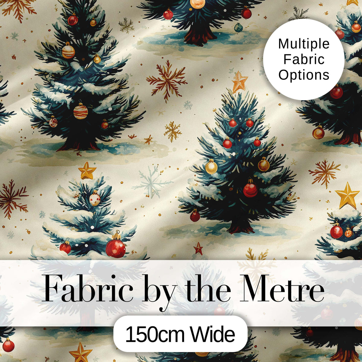 Watercolor Snowy Christmas Trees with Golden Snowflakes Seamless Pattern Digital Print Fabric by the Metre UK Sewing Quilting Textile