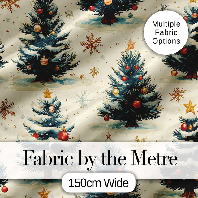 Watercolor Snowy Christmas Trees with Golden Snowflakes Seamless Pattern Digital Print Fabric by the Metre UK Sewing Quilting Textile