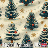 Watercolor Snowy Christmas Trees with Golden Snowflakes Seamless Pattern Digital Print Fabric by the Metre UK Sewing Quilting Textile