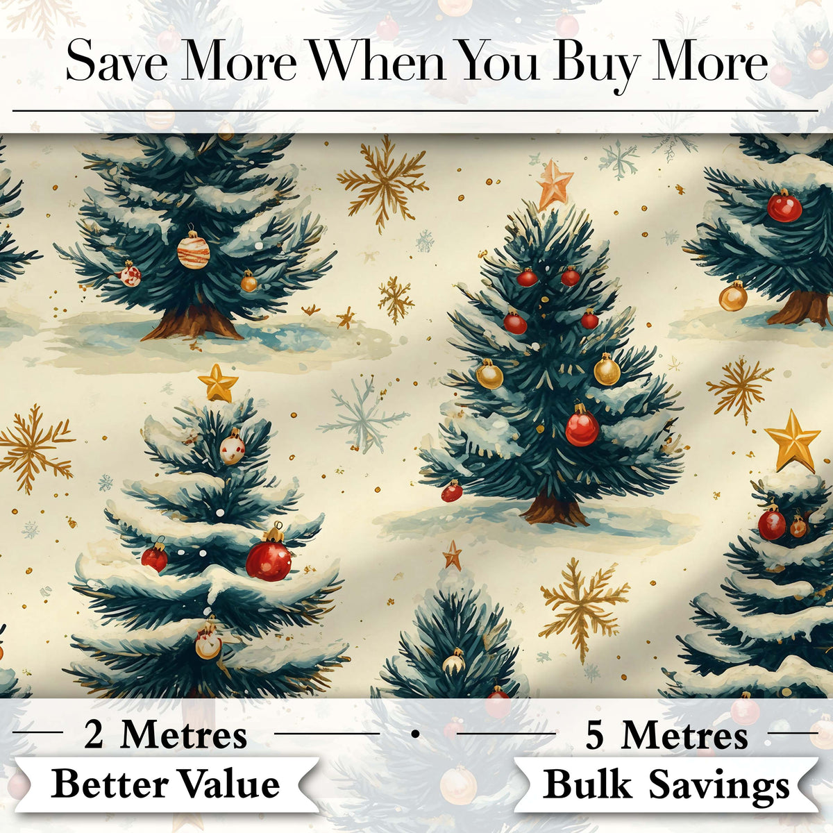 Watercolor Snowy Christmas Trees with Golden Snowflakes Seamless Pattern Digital Print Fabric by the Metre UK Sewing Quilting Textile