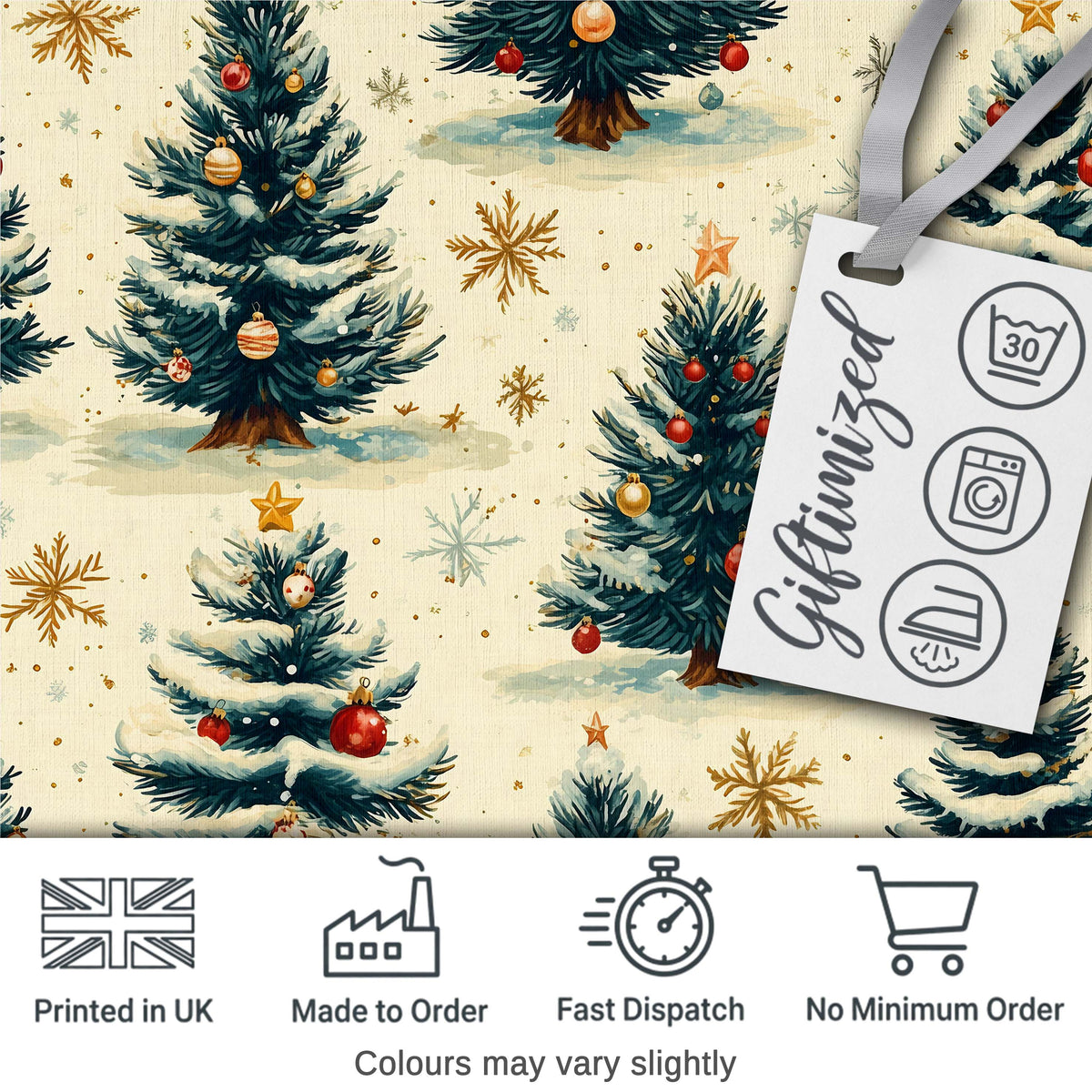 Watercolor Snowy Christmas Trees with Golden Snowflakes Seamless Pattern Digital Print Fabric by the Metre UK Sewing Quilting Textile